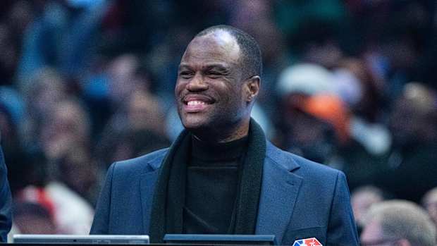 February 19, 2022; Cleveland, OH, USA; NBA great David Robinson during the Slam Dunk Contest during the 2022 NBA All-Star Saturday Night at Rocket Mortgage Field House.